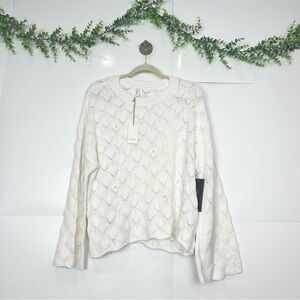 NWT Wishlist White Crew Neck Daisy Flower Sweater with Textured Knit Pointelle